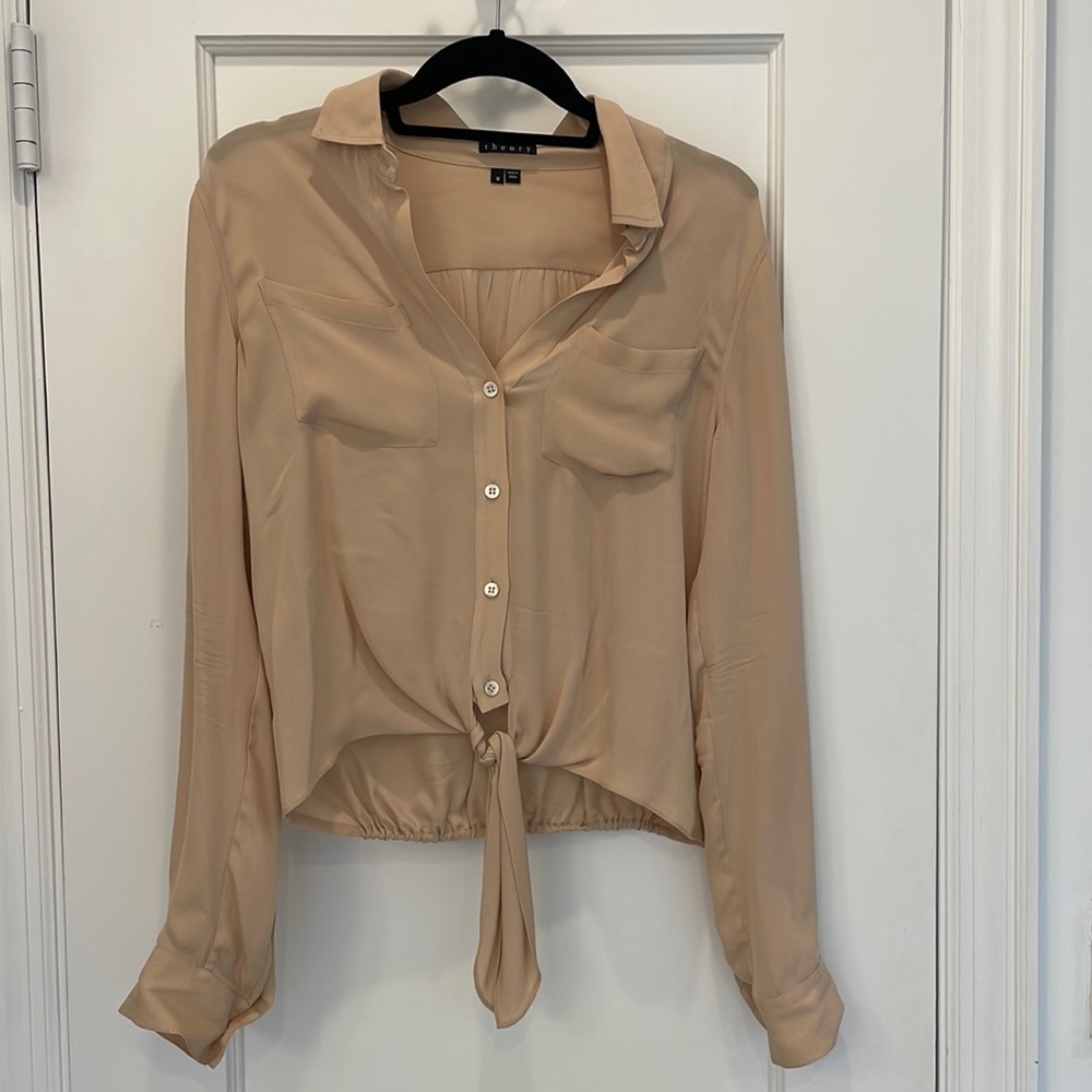 Theory Blush Nude Crop Silk Blouse